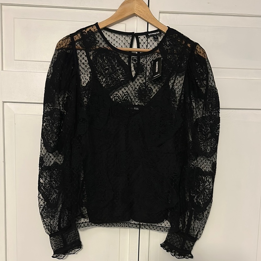 NWT Express Black Long Sleeve Blouse with Sheer Details